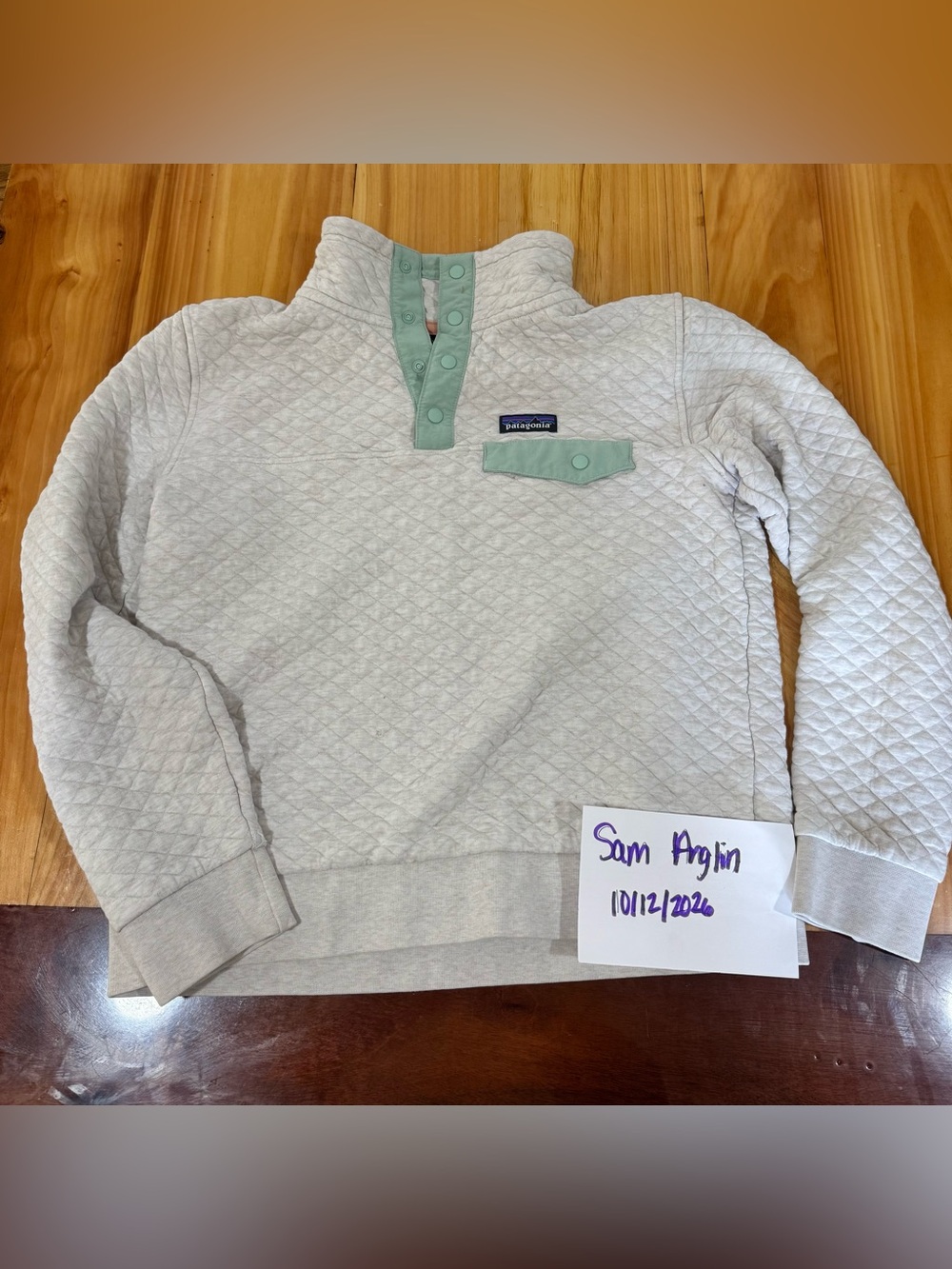 Patagonia Quilted Pullover Hoodie in Light Gray with Mint Trim